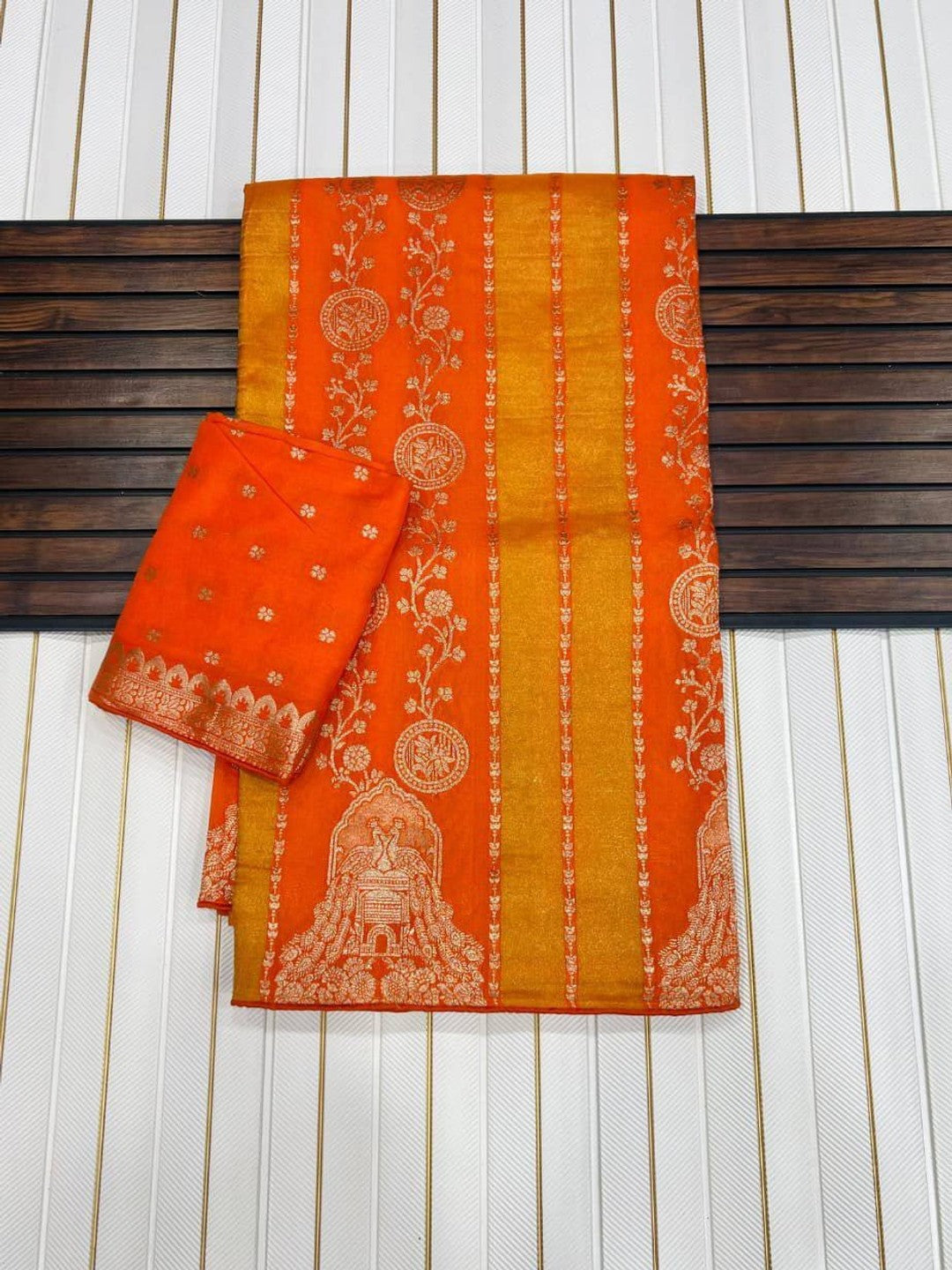 Peachmode Orange Georgette Zari Woven Saree - Image 3