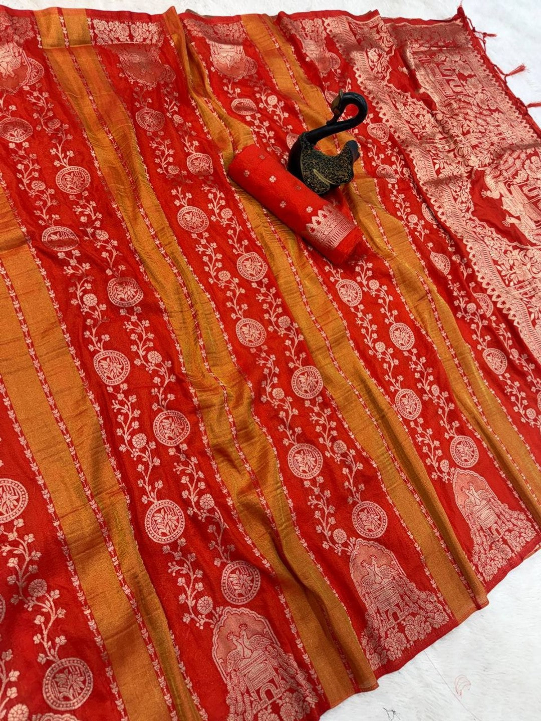 Peachmode Orange Georgette Zari Woven Saree - Image 4
