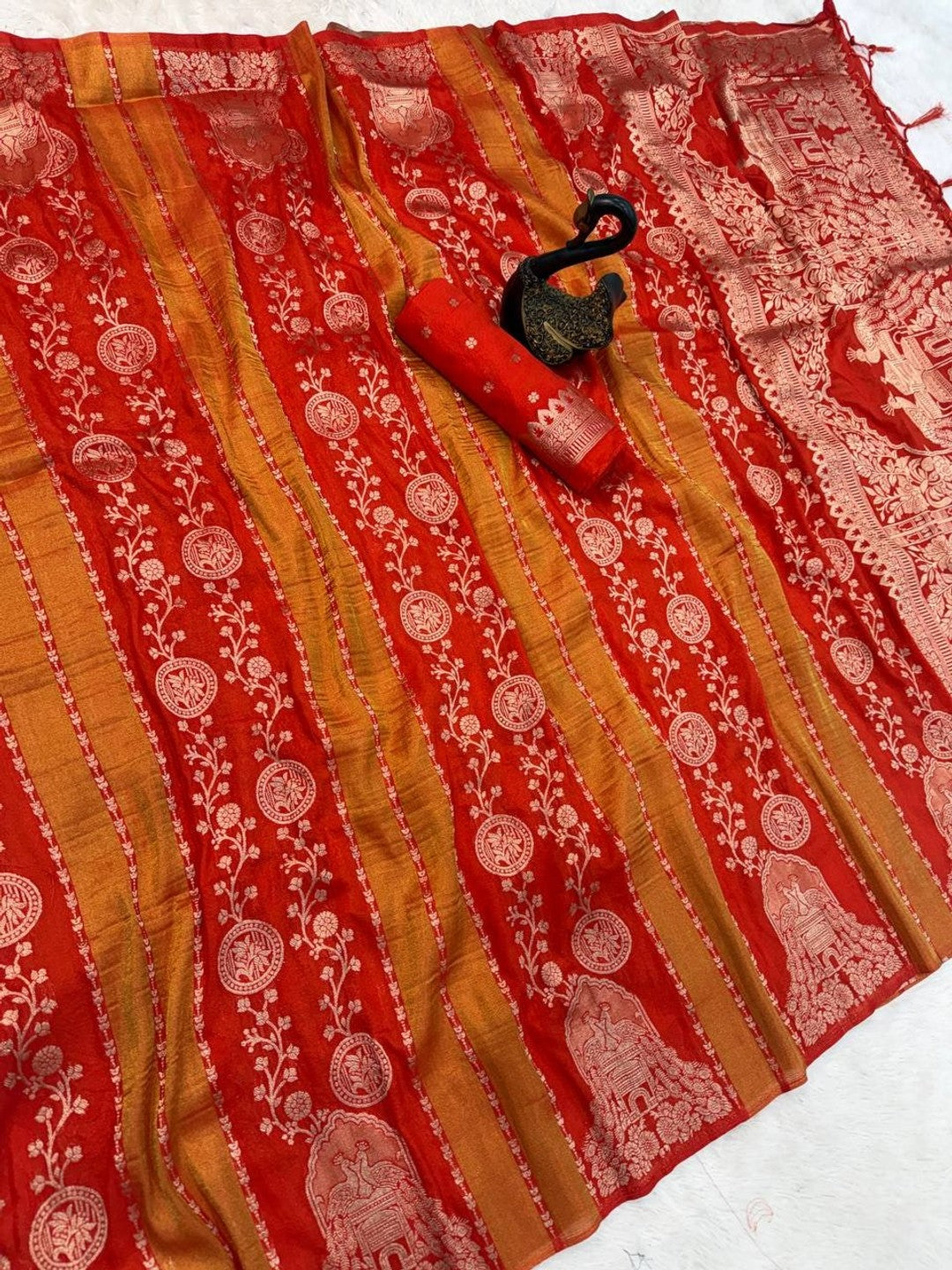 Peachmode Orange Georgette Zari Woven Saree - Image 6