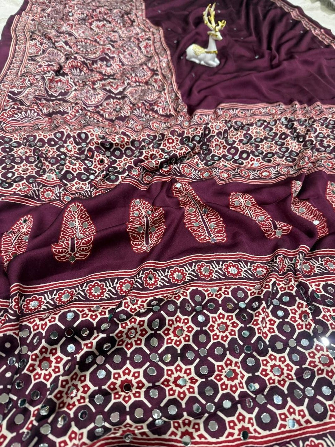 Peachmode Wine Ajrakh Mirror Work Saree - Image 2