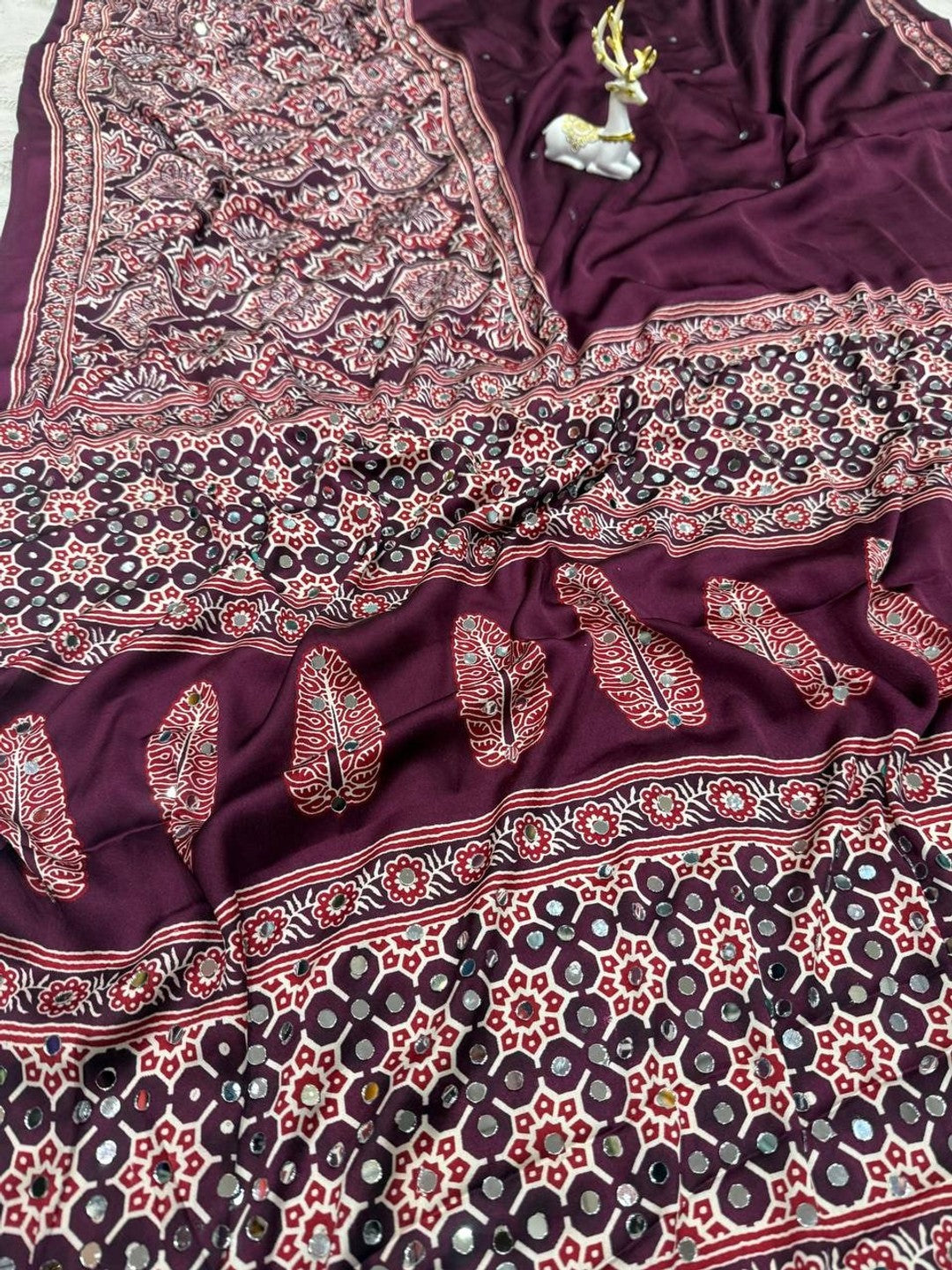 Peachmode Wine Ajrakh Mirror Work Saree - Image 3