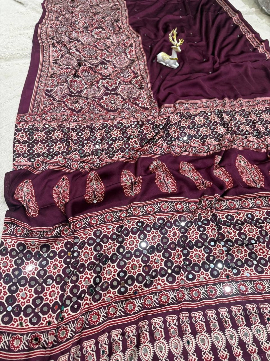 Peachmode Wine Ajrakh Mirror Work Saree - Image 4