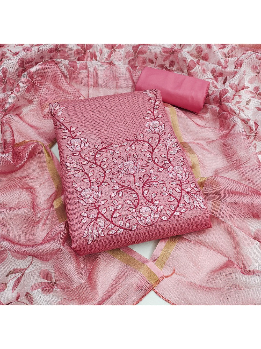 Peachmode Pink Floral Kota Doria Dress Material - Image 2