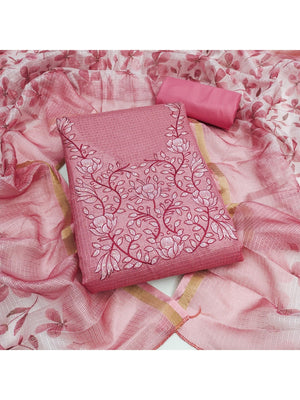 Peachmode Pink Floral Kota Doria Dress Material - Image 2