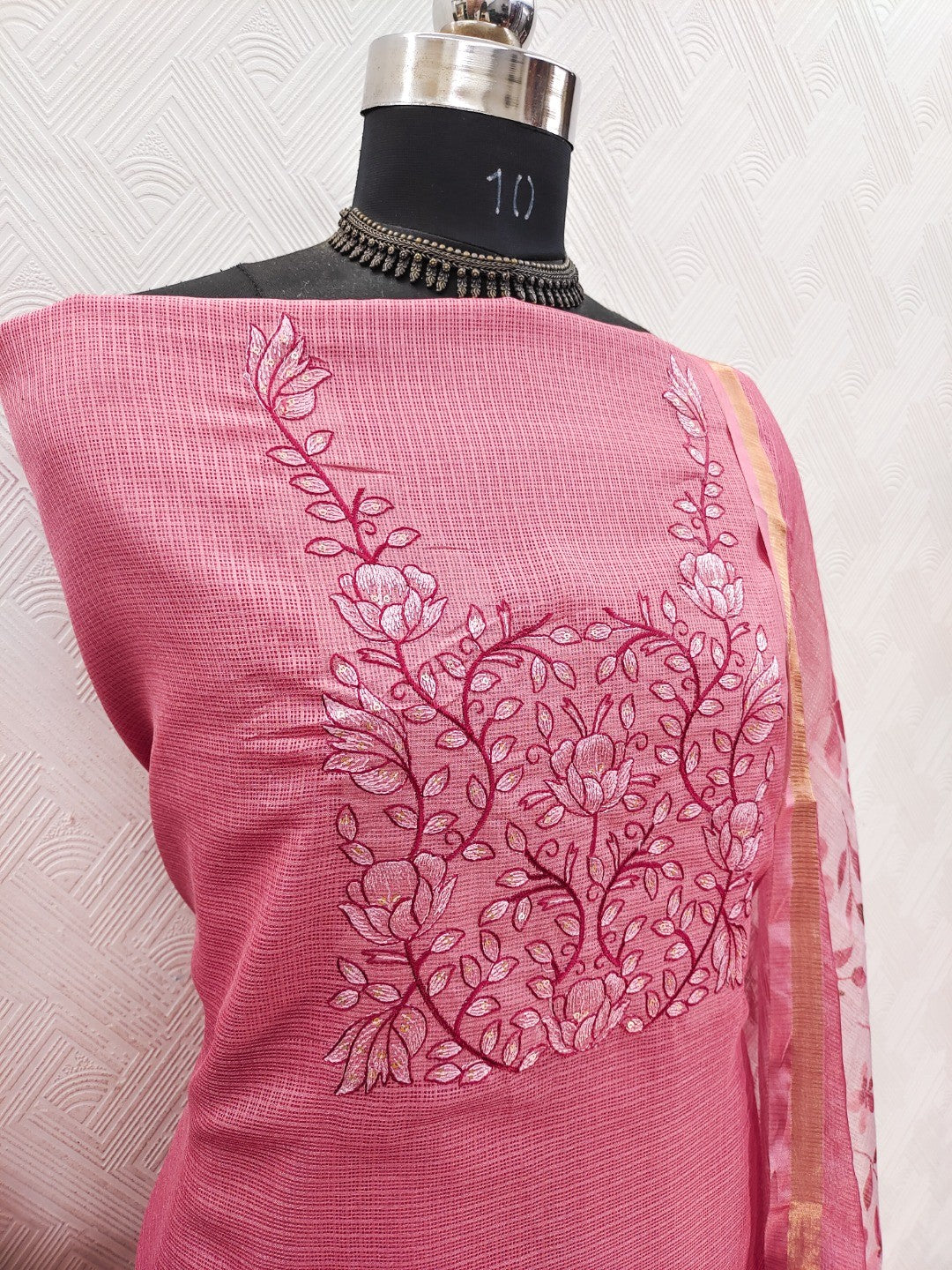 Peachmode Pink Floral Kota Doria Dress Material - Image 4
