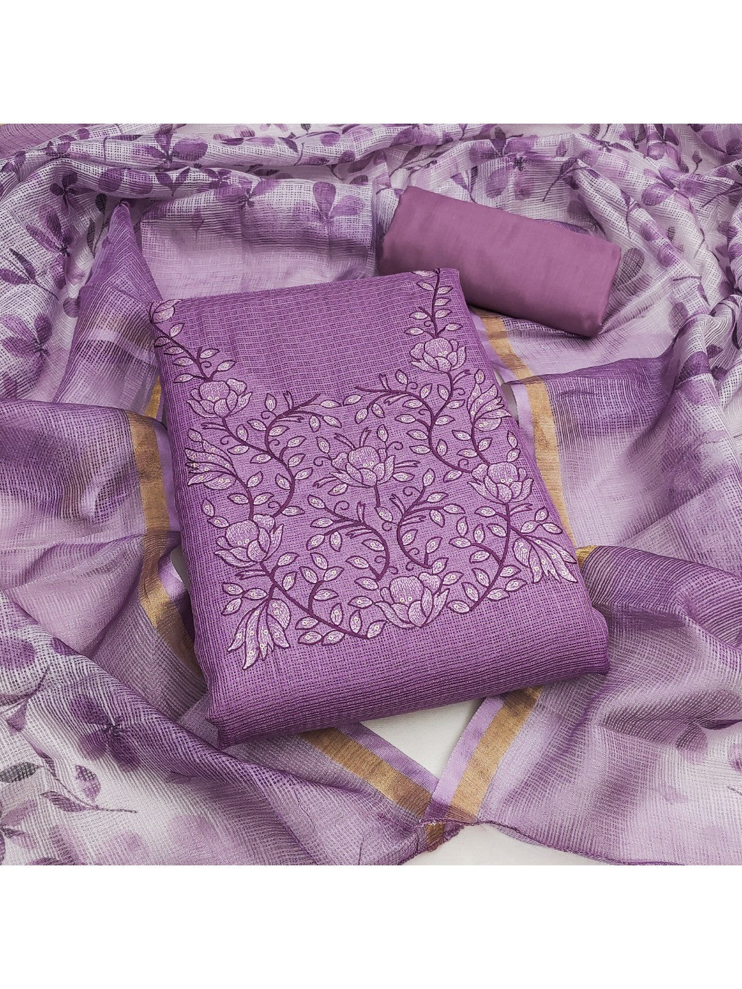 Peachmode Purple Floral Kota Doria Dress Material - Image 4