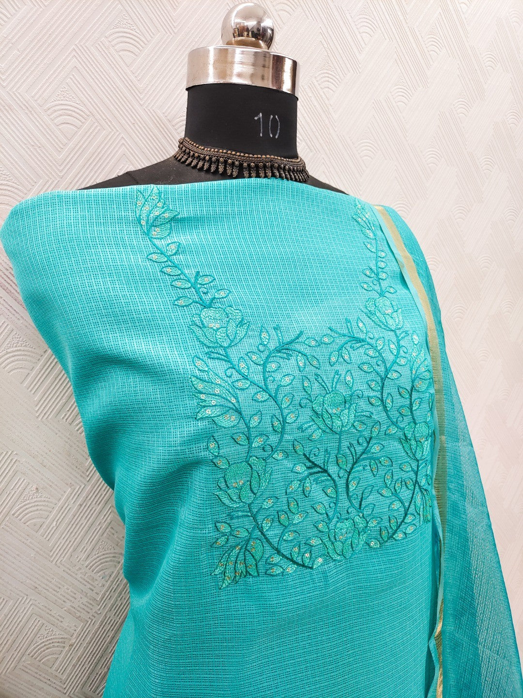Peachmode Rama Green Floral Kota Doria Dress Material - Image 4