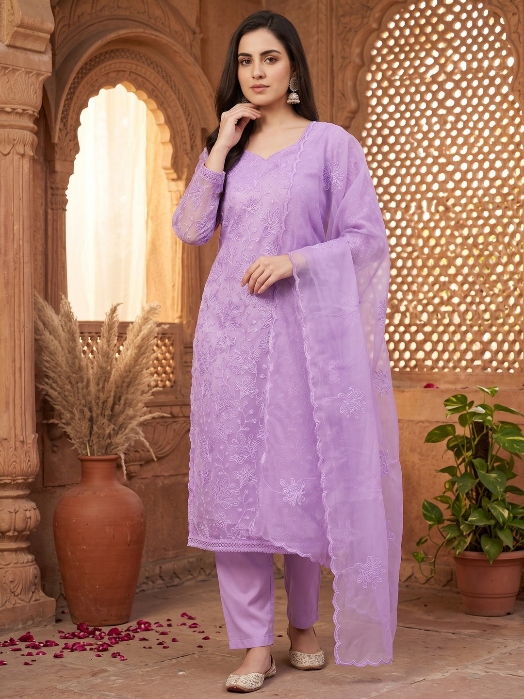 Lavender Floral Embroidered Organza Dress Material - Image 4