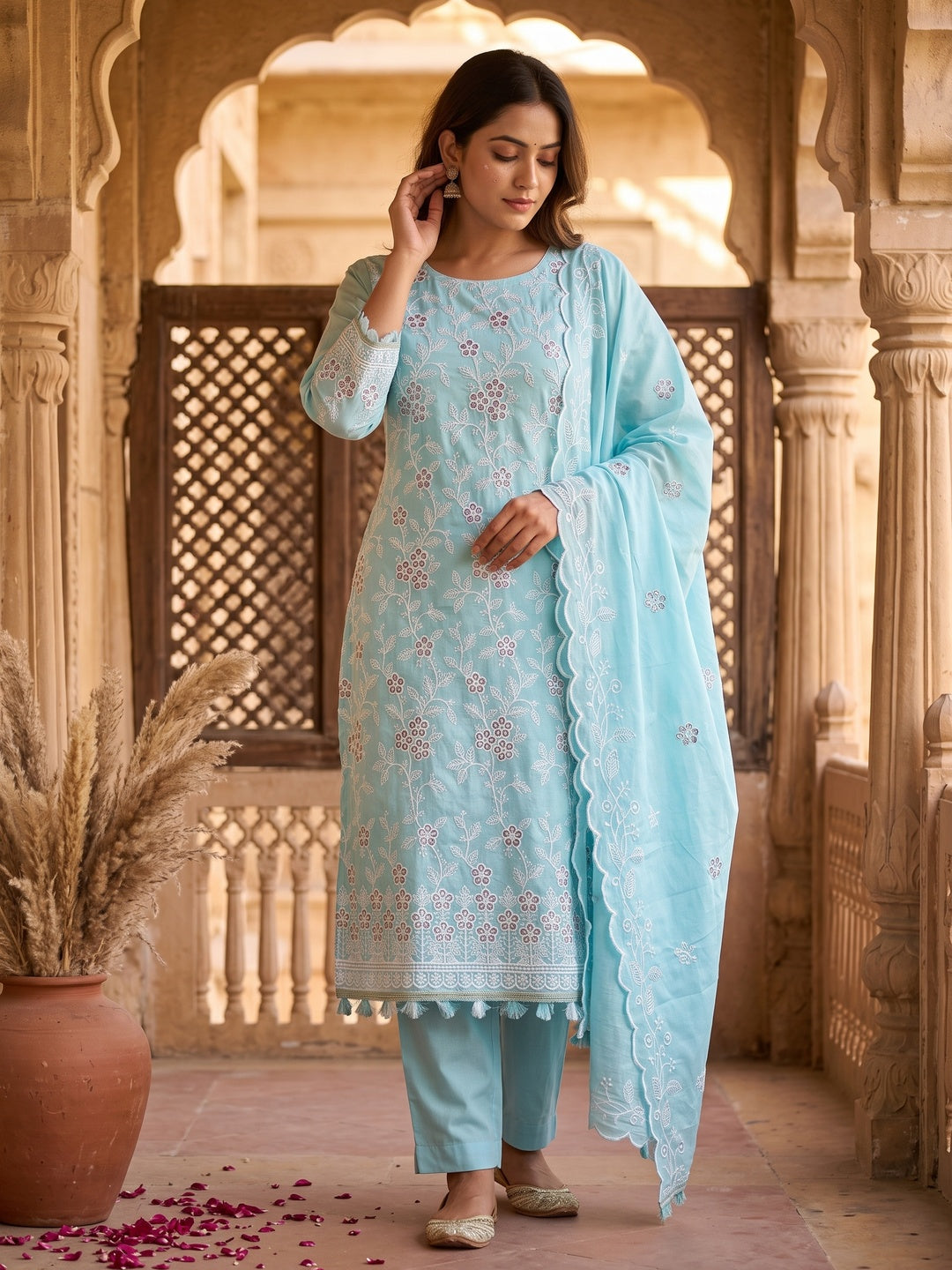 Sky Blue Cotton Blend Dress Material With Delicate Floral Thread Embro