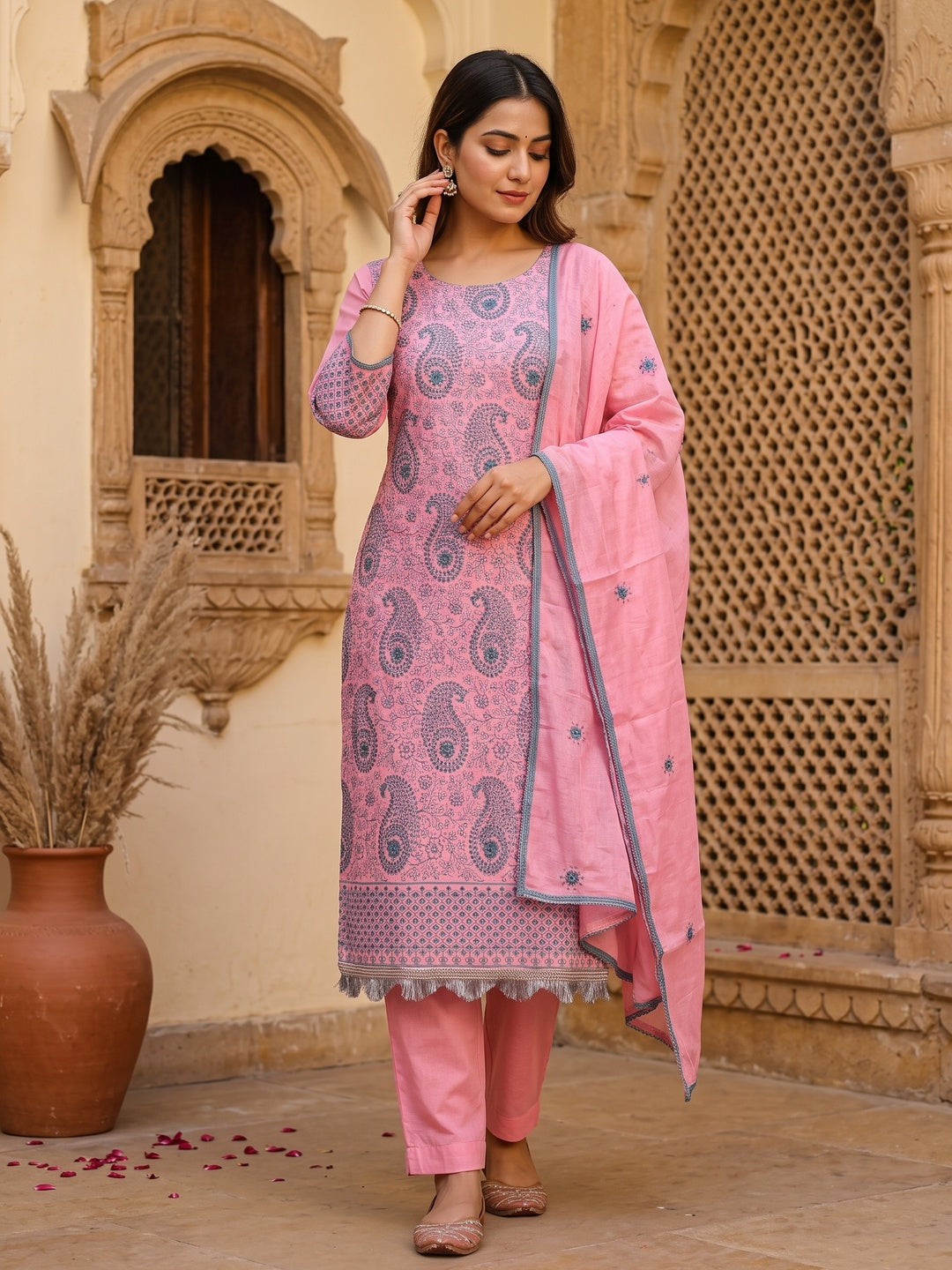 Pink Dress Material In Cotton Blend With Graceful Floral Thread Embroidery - Image 1