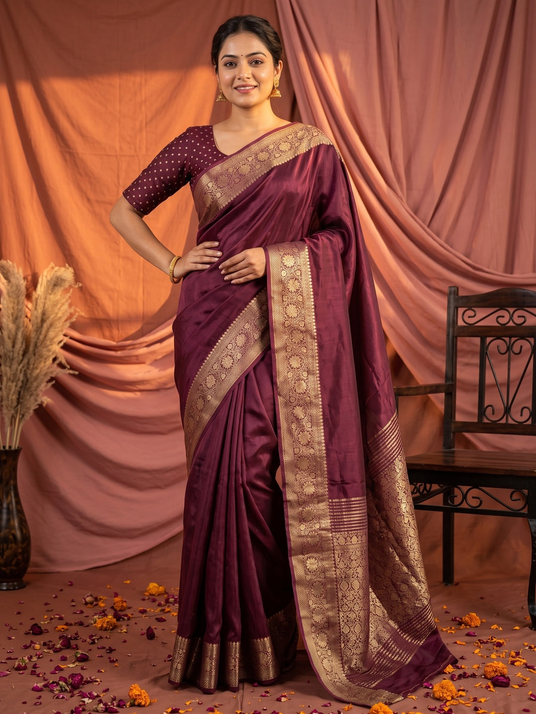 Peachmode Wine Ho Silk Zari Border Saree - Image 1