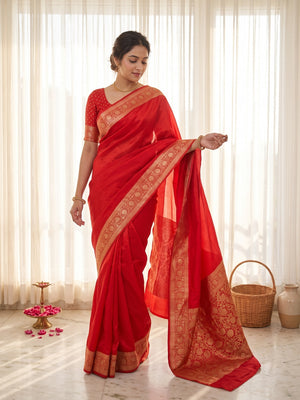 Peachmode Red Ho Silk Zari Border Saree - Image 1
