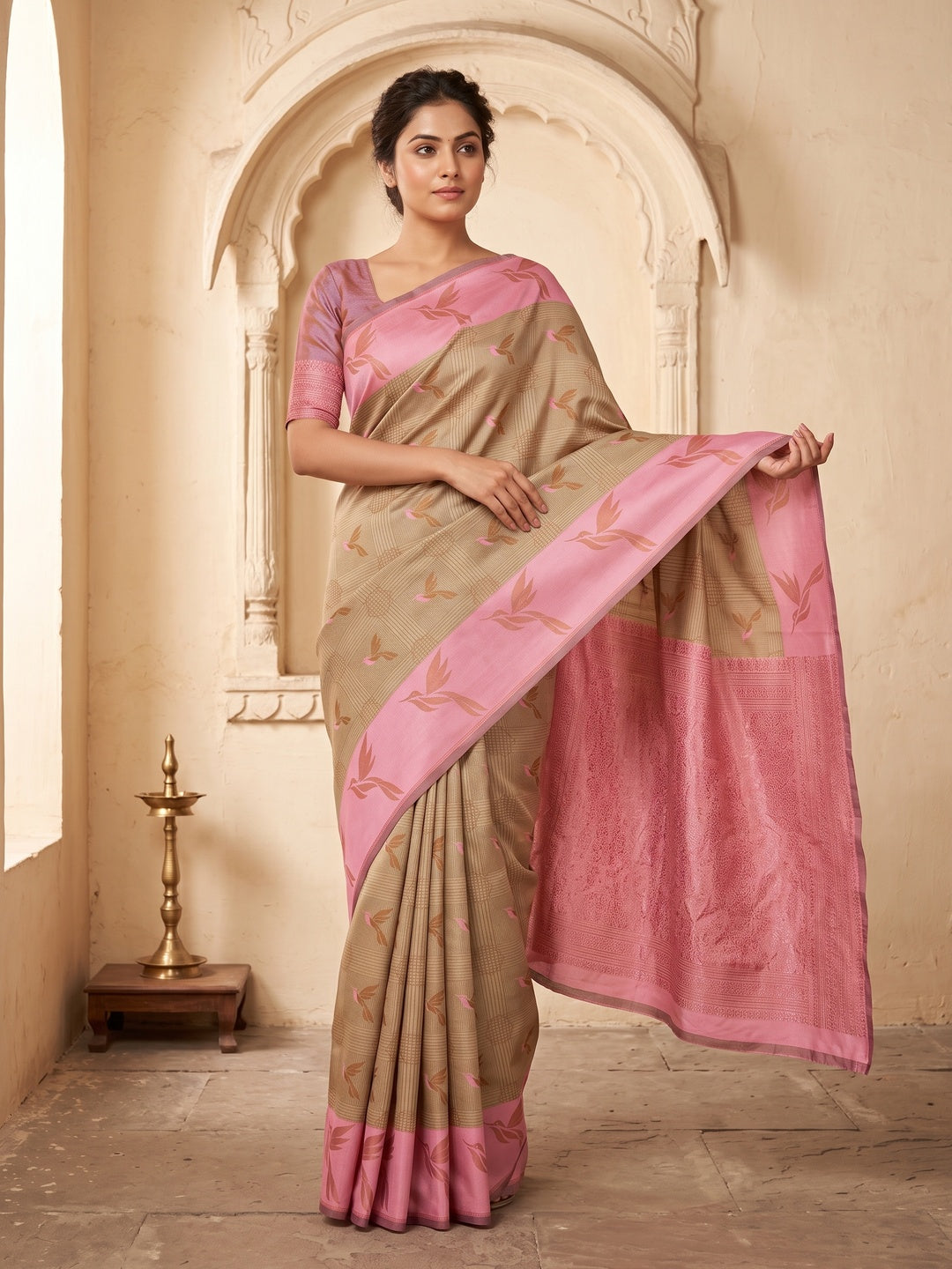 Peachmode Pink Banarasi Silk Zari Saree - Image 1