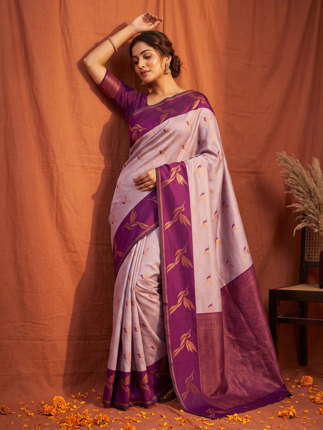 Peachmode Purple Banarasi Silk Zari Saree - Image 1