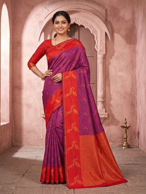 Peachmode Red Banarasi Silk Zari Saree - Image 1