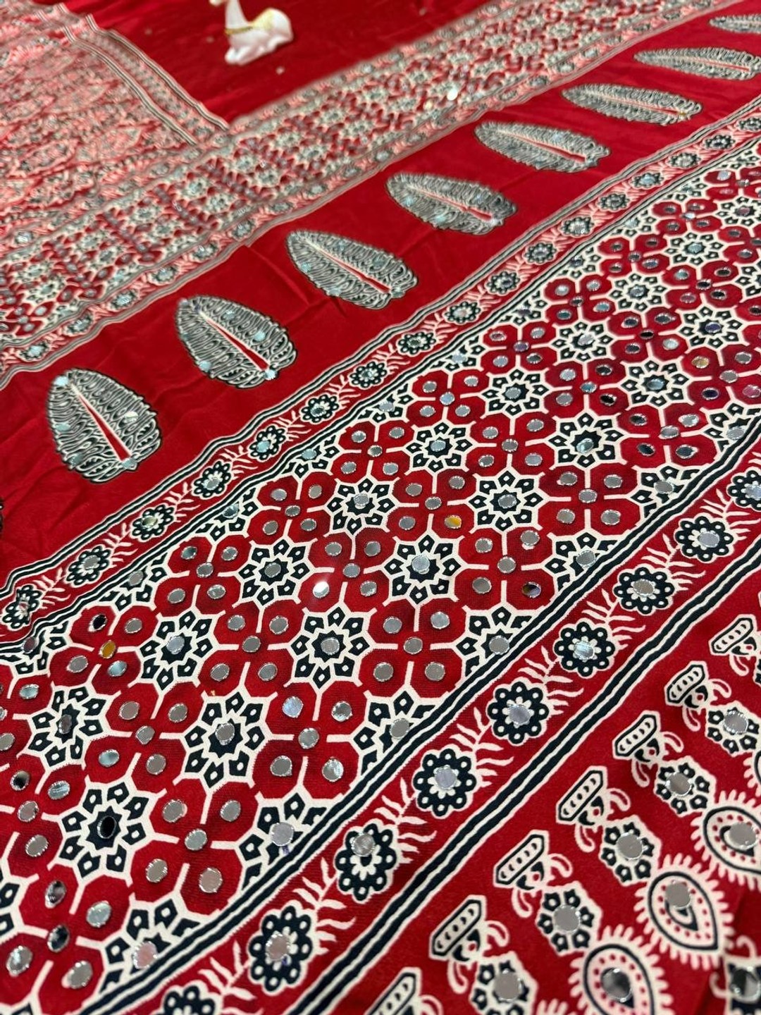 Peachmode Red Ajrakh Mirror Work Saree - Image 3