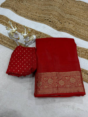 Peachmode Red Ho Silk Zari Border Saree - Image 2