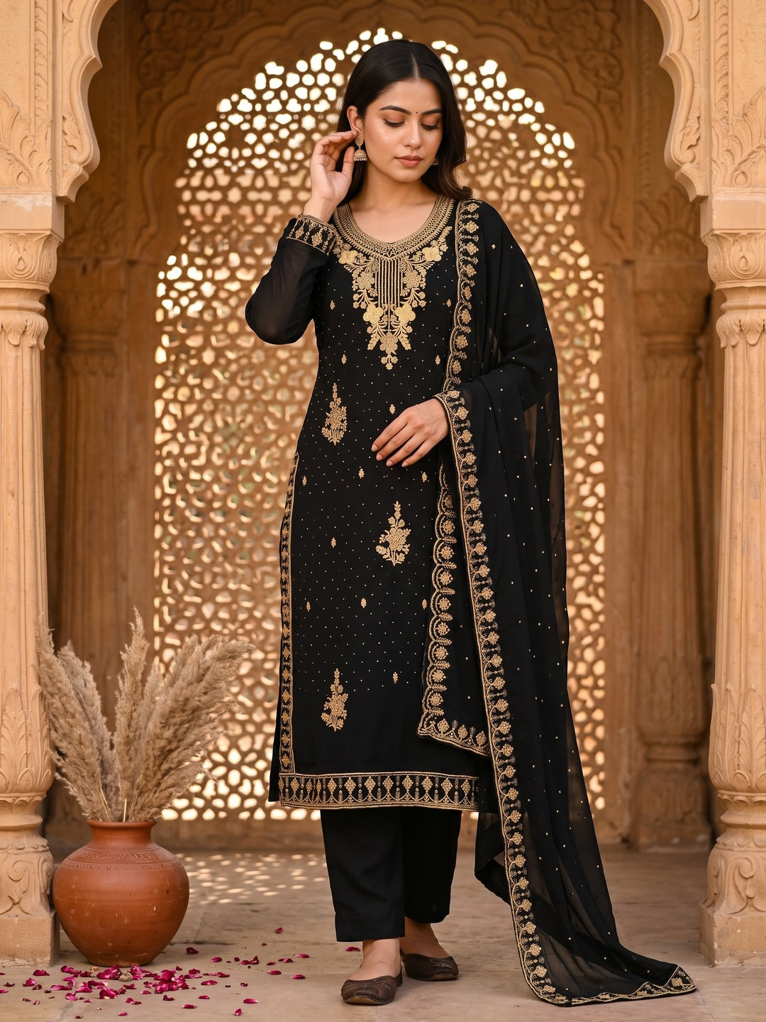 Black Georgette Dress Material Accented With Delicate Floral Embroidery - Image 1