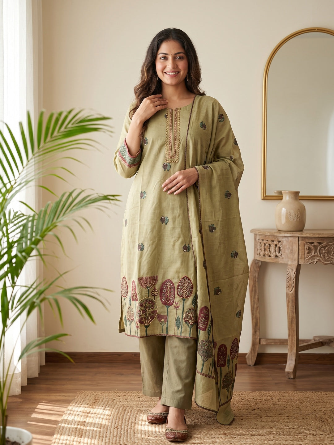 Peachmode Olive Cotton Jamdani Salwar Suit - Image 1