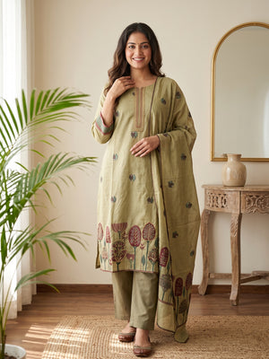 Peachmode Olive Cotton Jamdani Salwar Suit - Image 1