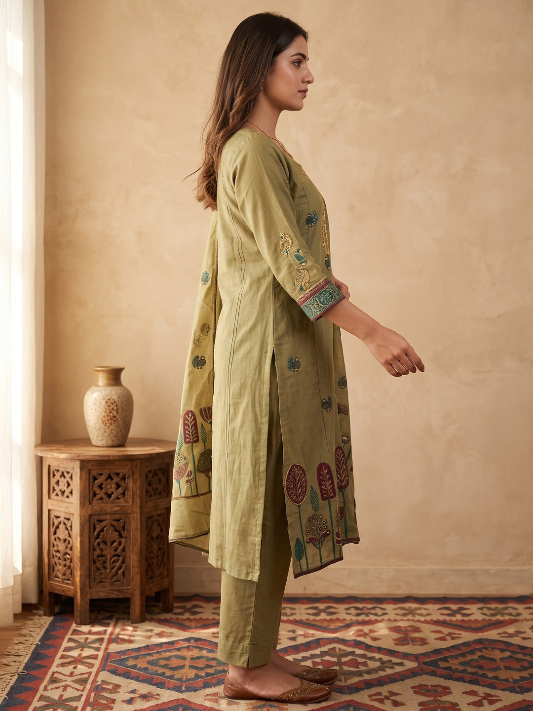 Peachmode Olive Cotton Jamdani Salwar Suit - Image 3