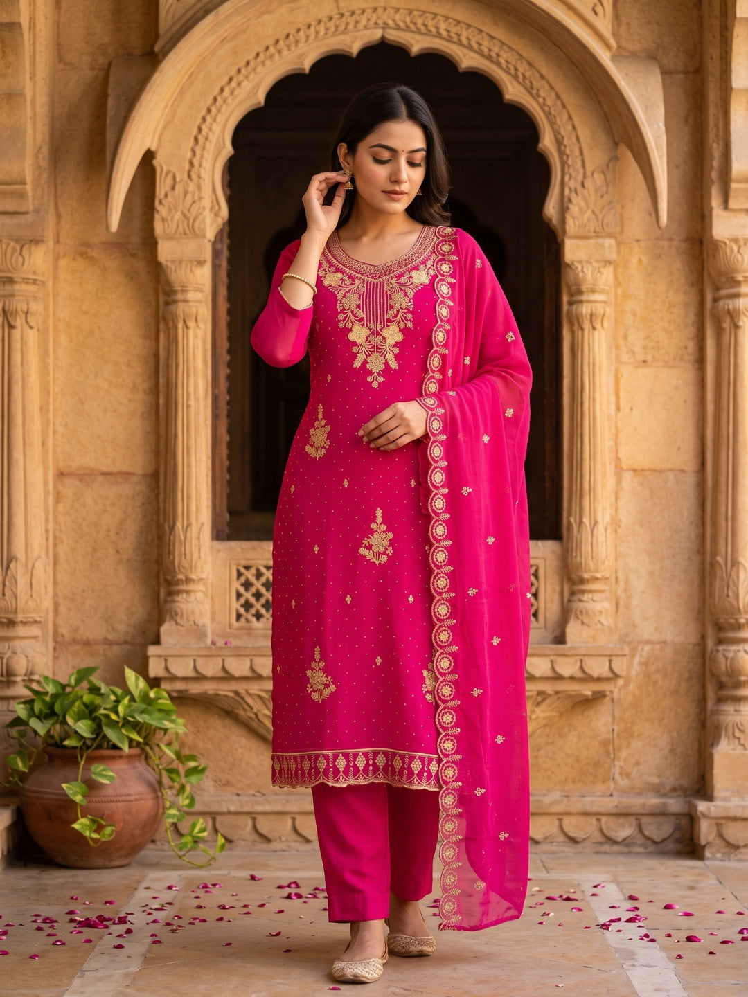 Rani Pink Georgette Dress Material Accented With Delicate Floral Embroidery - Image 1