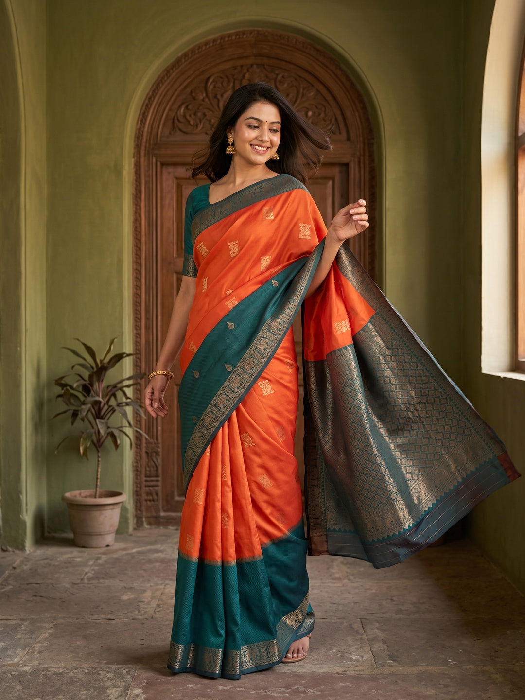 Peachmode Orange Kanjivaram Soft Silk Zari Saree - Image 1