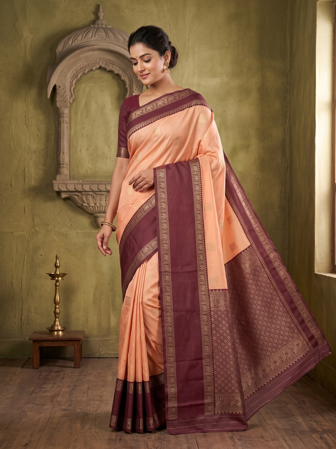 Peachmode Peach Kanjivaram Soft Silk Zari Saree - Image 1