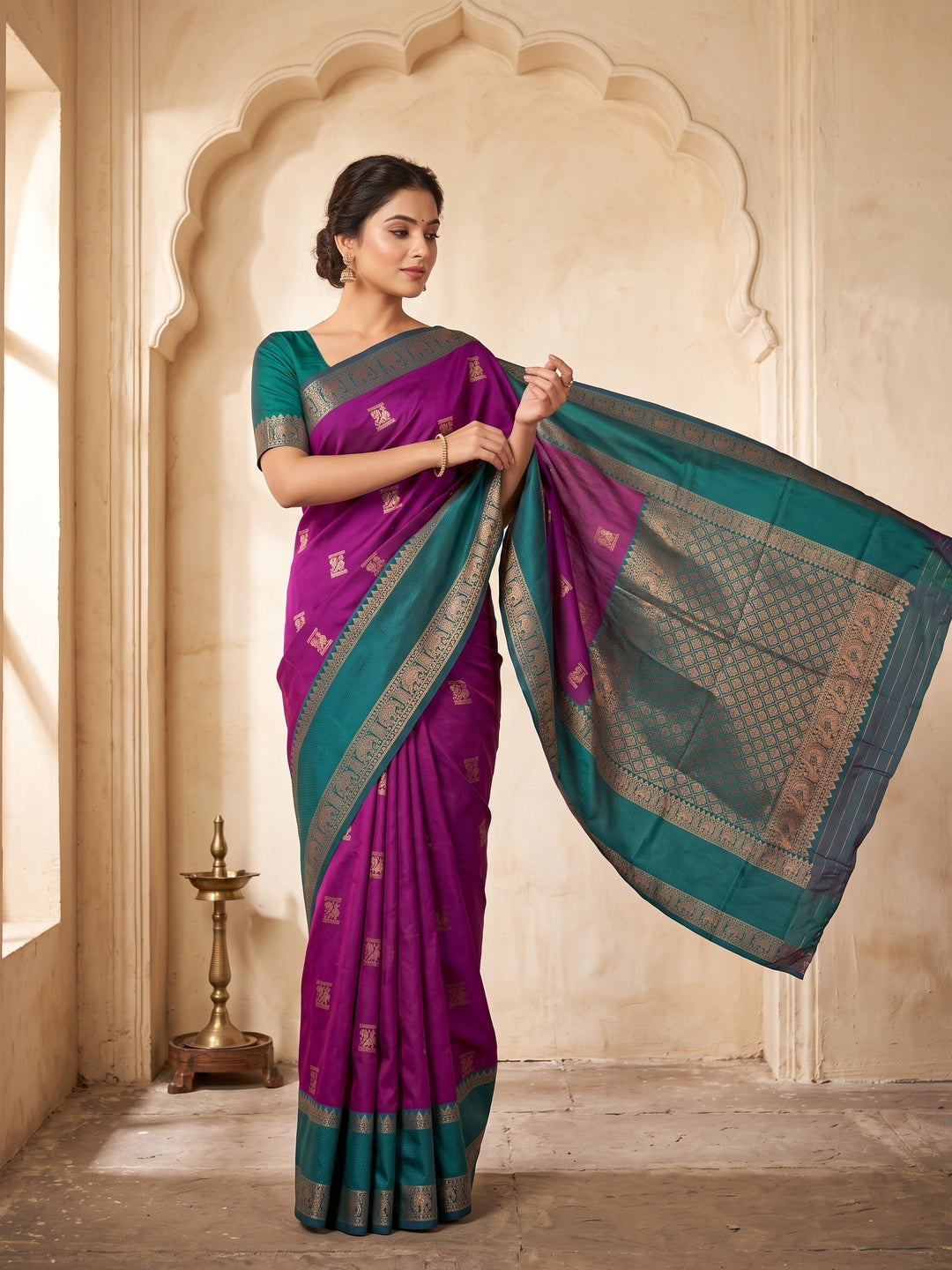 Peachmode Purple Kanjivaram Soft Silk Zari Saree - Image 1