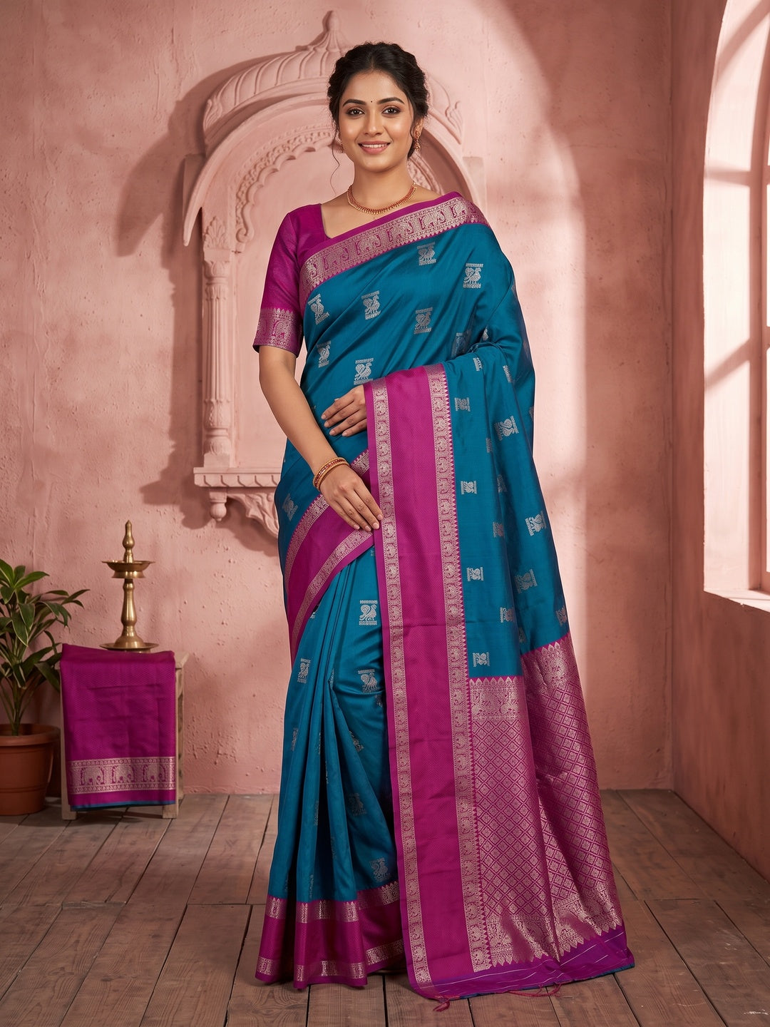 Peachmode Blue Kanjivaram Soft Silk Zari Saree - Image 1