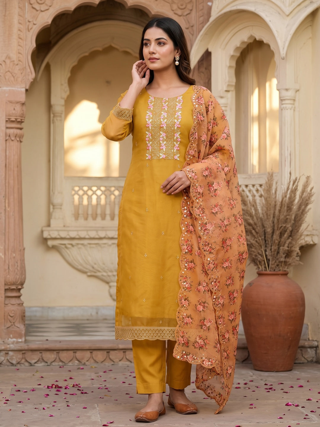 Mustard Organza Dress Material With Glimmering Floral Sequins Embroidery - Image 1
