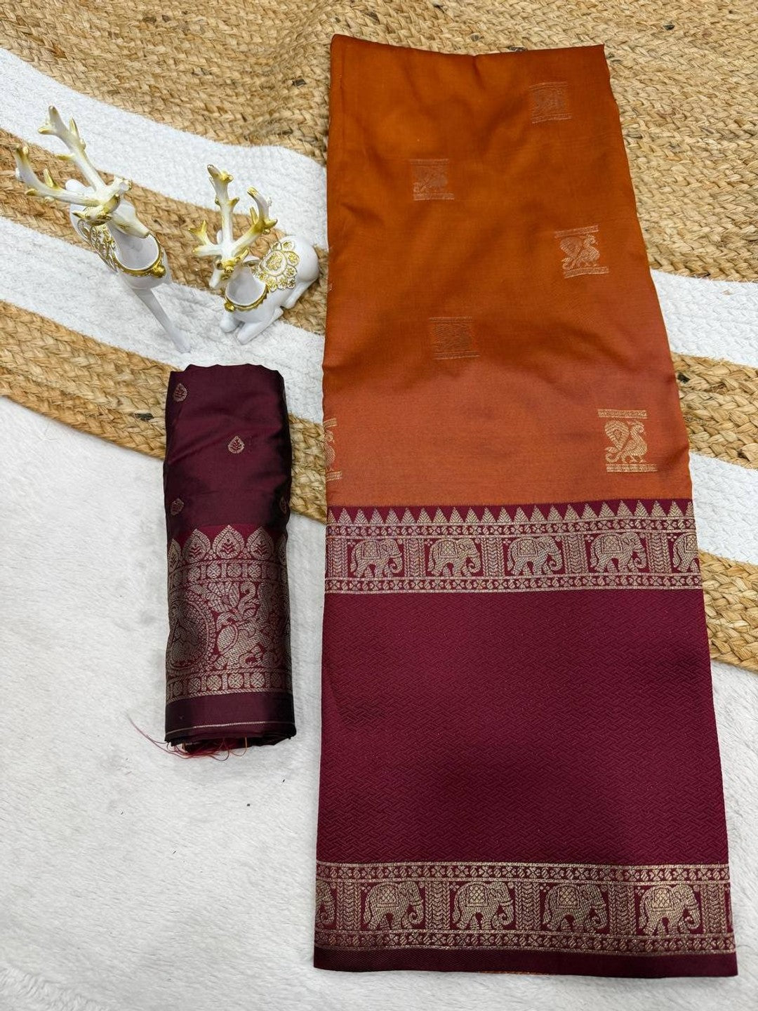 Peachmode Rust Kanjivaram Soft Silk Zari Saree - Image 2