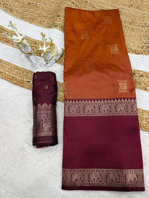 Peachmode Rust Kanjivaram Soft Silk Zari Saree - Image 2