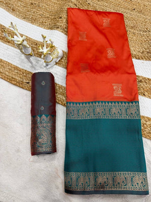 Peachmode Orange Kanjivaram Soft Silk Zari Saree - Image 2