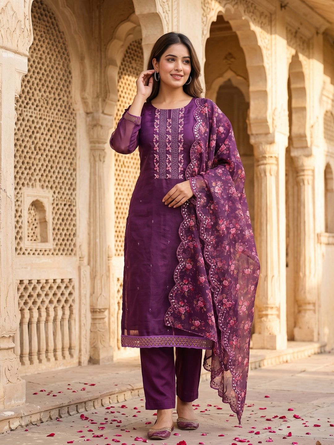 Purple Organza Dress Material With Glimmering Floral Sequins Embroidery - Image 1
