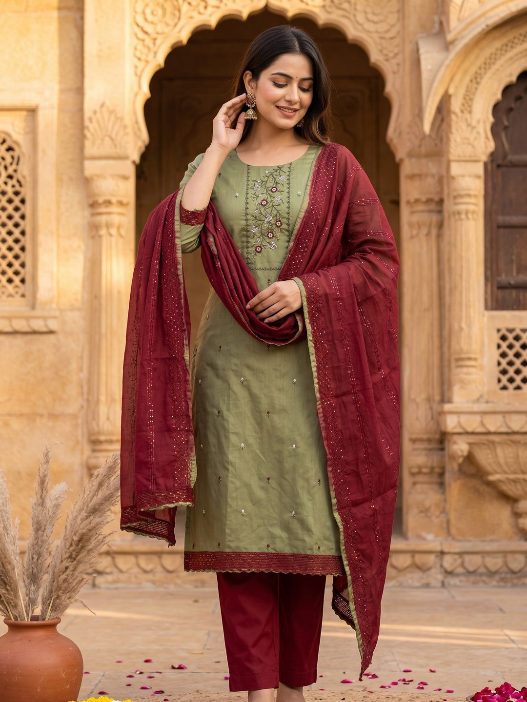 Sparkling Blooms Green Cotton Blend Dress Material With Sequin Embellishments - Image 1