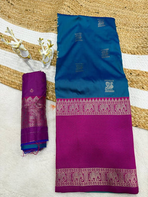 Peachmode Blue Kanjivaram Soft Silk Zari Saree - Image 2