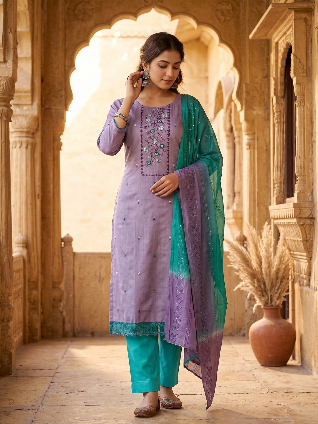 Lavender Grace Cotton Blend Dress Material With Floral Thread Embroidery & Sequins - Image 1