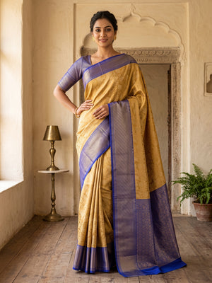 Peachmode Blue Zari Woven Flower Saree - Image 1