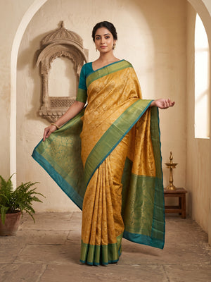 Peachmode Teal Zari Woven Flower Saree - Image 1