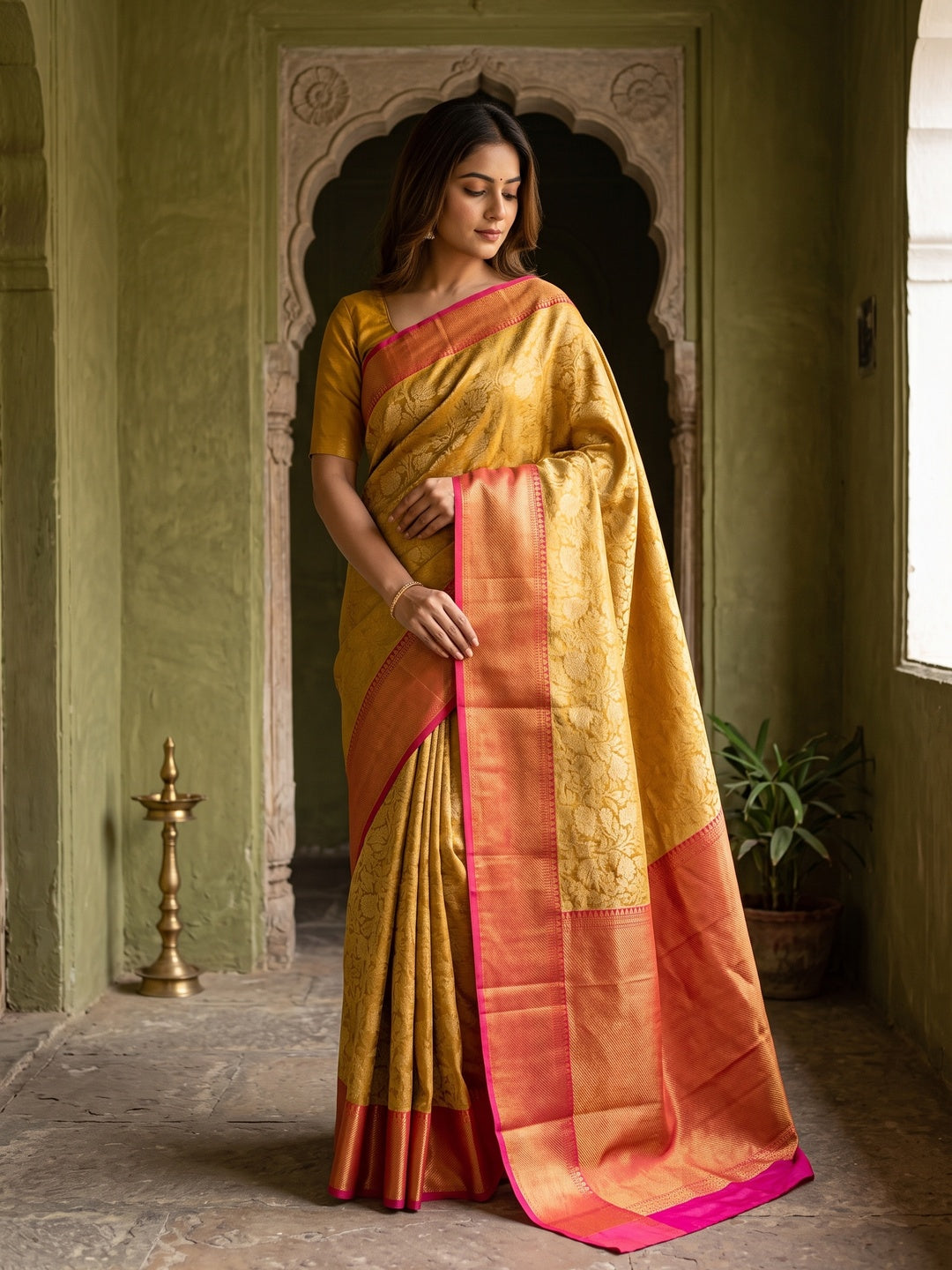 Peachmode Red Zari Woven Flower Saree - Image 1