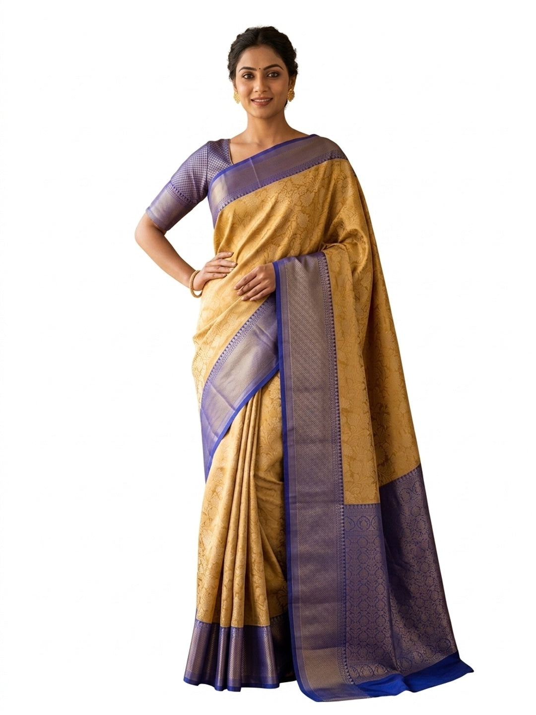 Peachmode Blue Zari Woven Flower Saree - Image 1