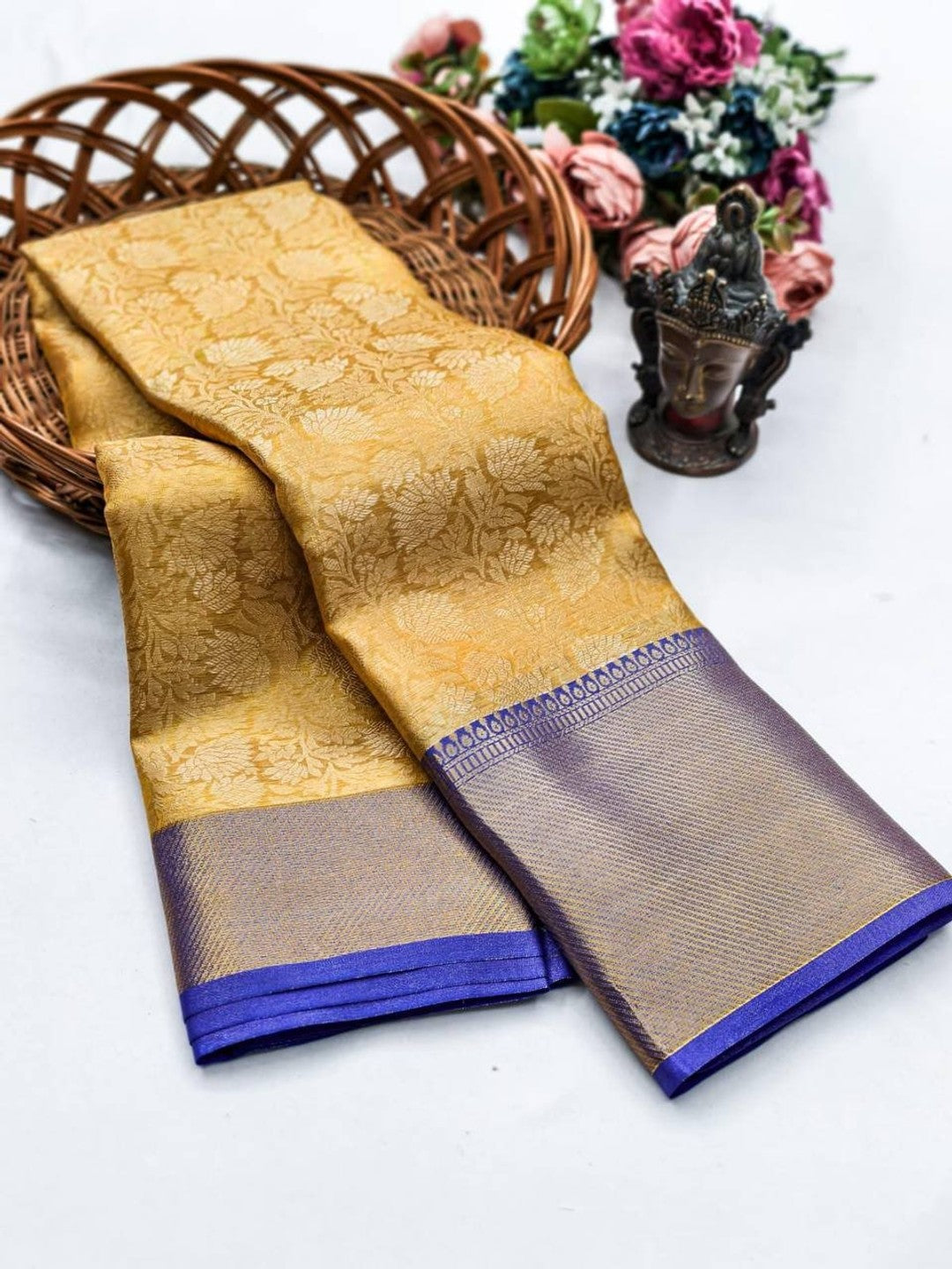 Peachmode Blue Zari Woven Flower Saree - Image 2