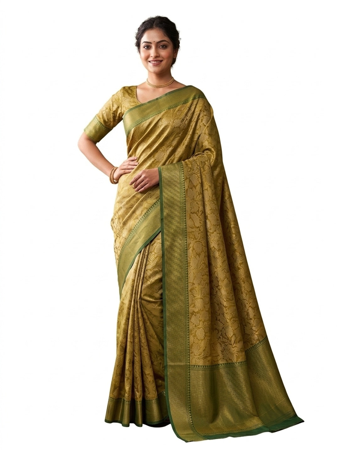 Peachmode Green Zari Woven Flower Saree - Image 1