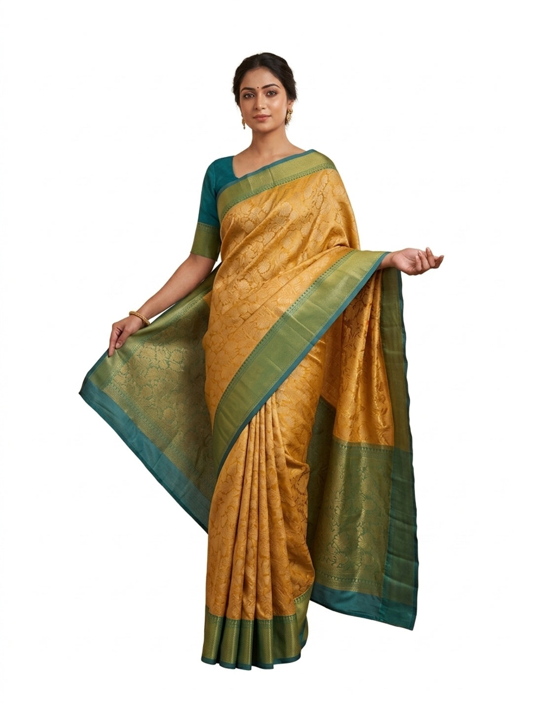 Peachmode Teal Zari Woven Flower Saree - Image 1