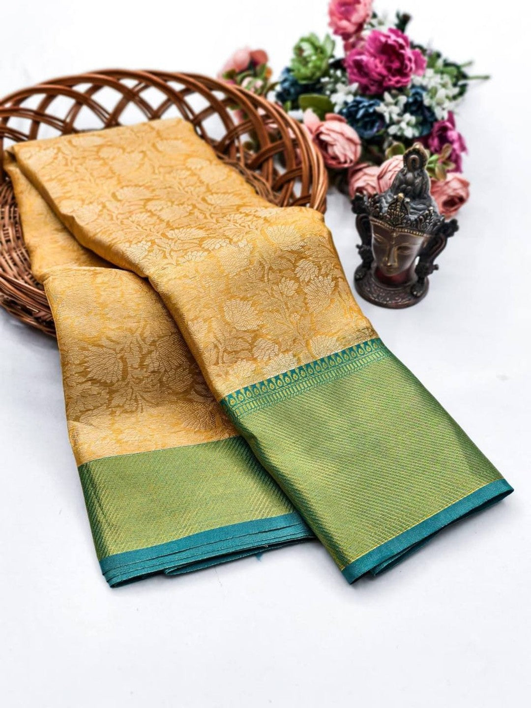 Peachmode Teal Zari Woven Flower Saree - Image 2