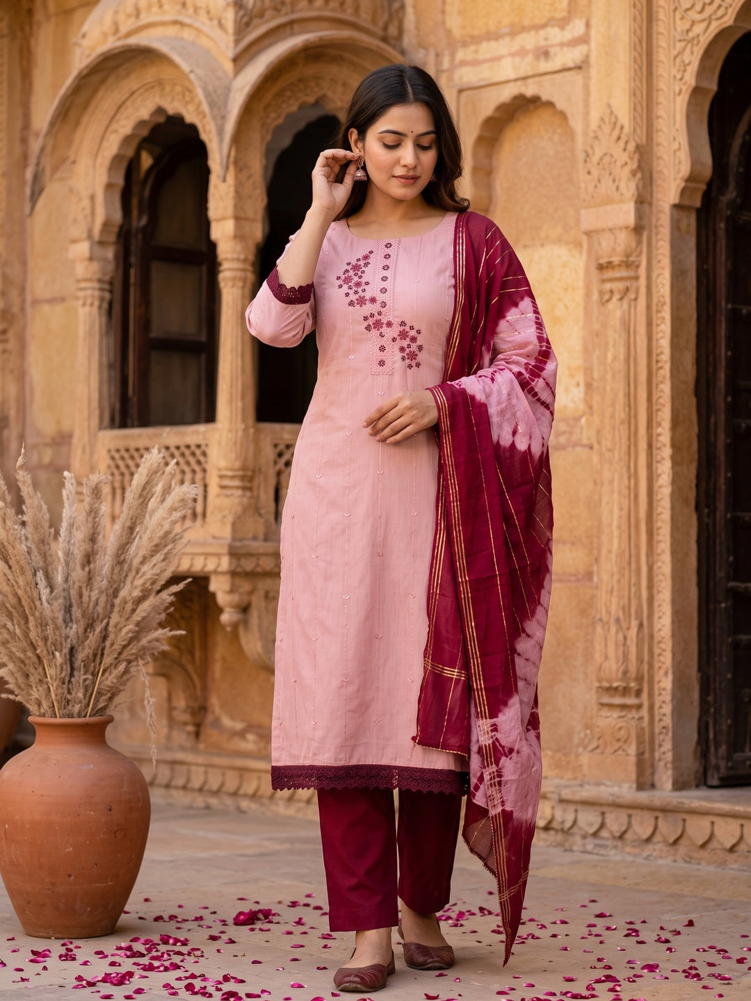Blush Pink Cotton Blend Dress Material With Delicate Floral Thread & Sequin Embellishments - Image 1
