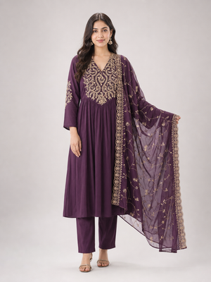 Peachmode Purple Mul Chanderi Salwar Suit - Image 2