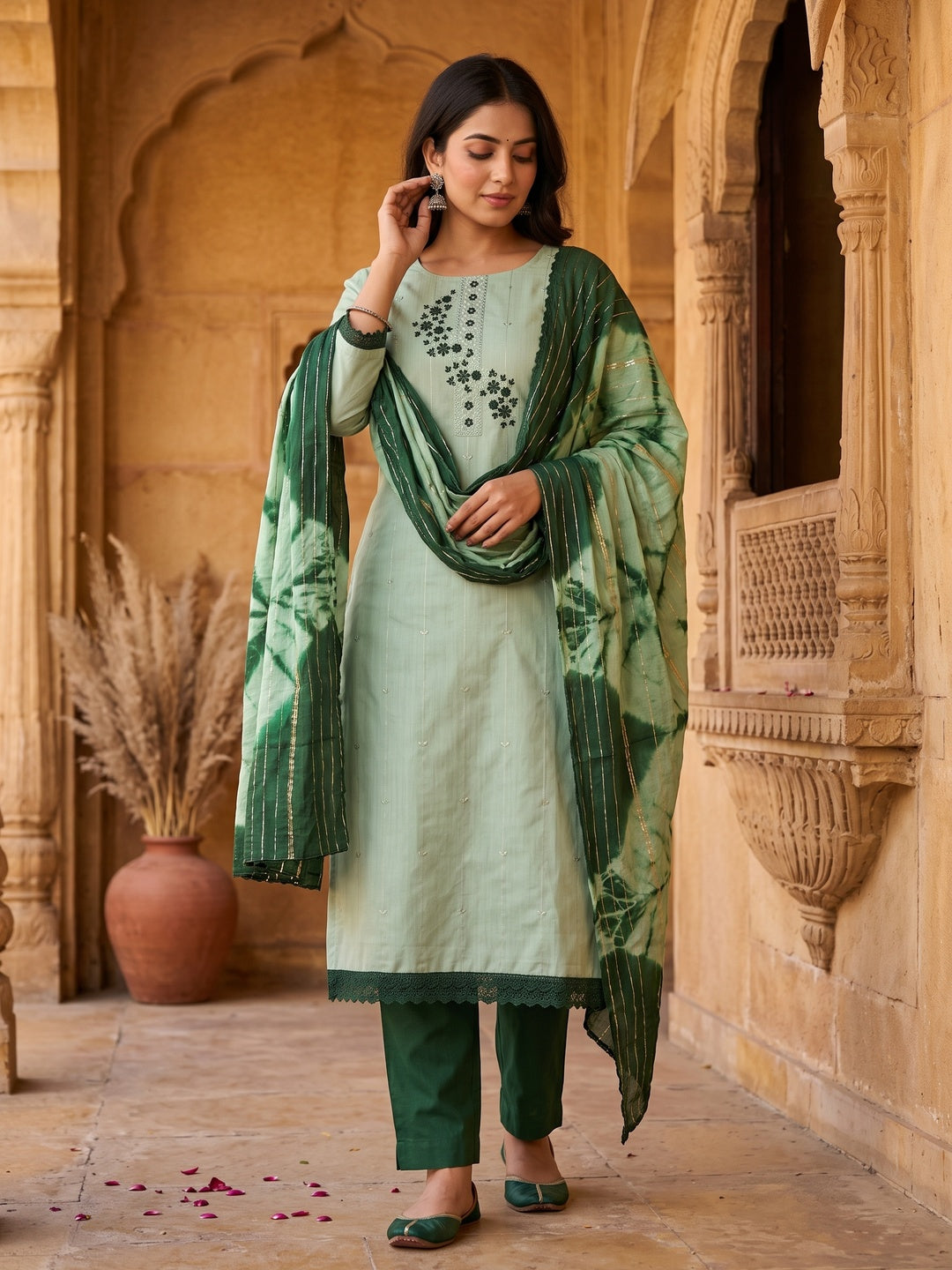 Green Cotton Blend Dress Material With Delicate Floral Thread & Sequin Embellishments - Image 1