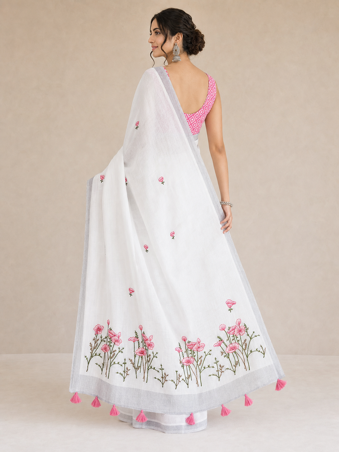 White Pure Linen Saree with Floral Embroidery and Tassel Detailing - Image 2